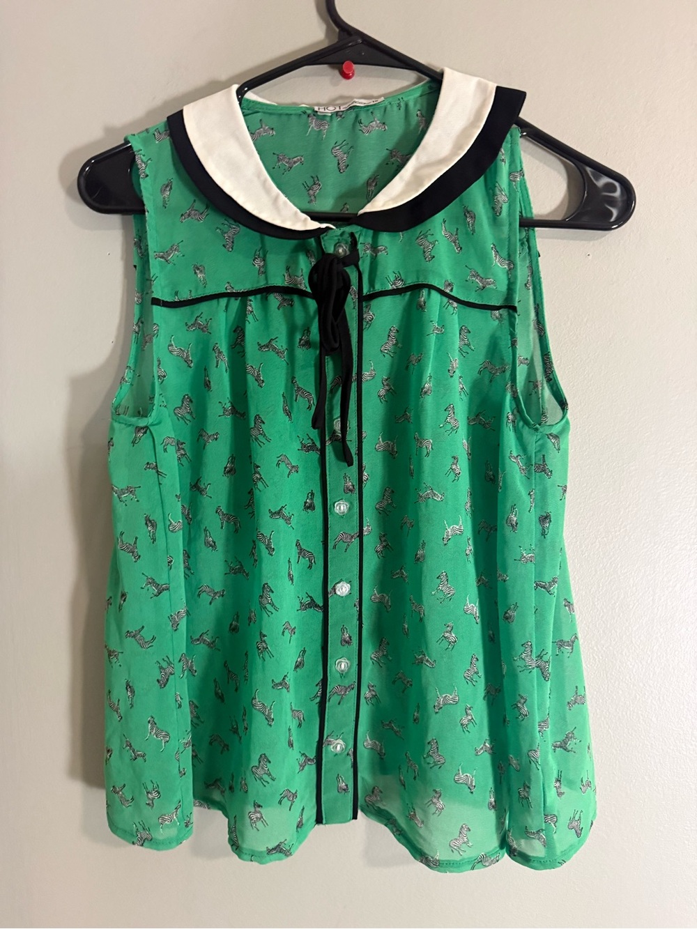 HOT Options Zebra Print Sleeveless Blouse Green Peter Pan Collar Size 10 - Picture 8 of 8